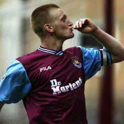 LONDON - MAY 11:  Steve Lomas of West Ham United celebrates his goal during the FA Barclaycard Premiership match between West Ham United and Bolton Wanderers played at Upton Park, in London on May 11, 2002. West Ham United won the match 2-1. DIGITAL IMAGE. (Photo by Phil Cole/Getty Images)